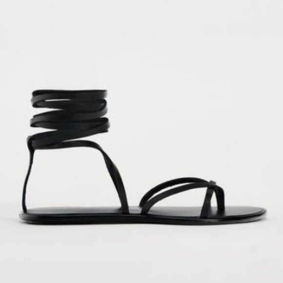 Zara LACE UP TIED FLAT LEATHER SANDALS BLACK in Size 7.5 - Picture 1 of 3